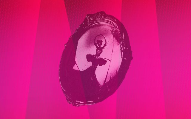 A stylized photograph of a ballerina in a broken mirror over a background of varying shades of pink.