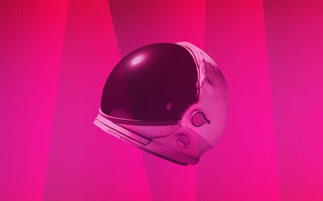 A stylized photograph of a spacesuit helmet over a background of varying shades of pink.