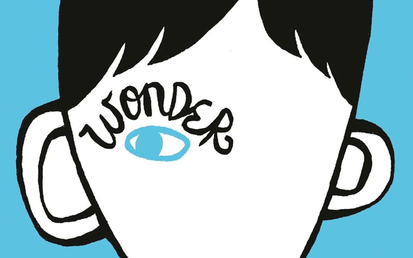 The cover of the novel Wonder which is a black and white cartoon illustration of a boy’s face with one light blue eye.