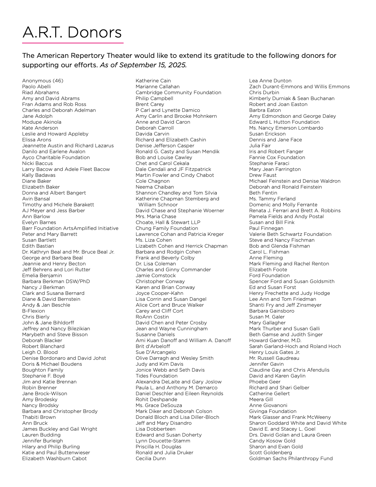 A.R.T. donors as of September 15, 2025 (link leads to PDF)