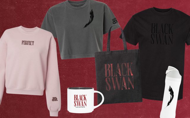 A pastel pink sweatshirt that says, “Perfect”; a gray crop-top T-shirt with a black feather on the breast; a dark gray tote bag that says “Black Swan” in light gray' a black T-shirt that says “Black Swan” in a darker black; a white mug that says “Black Swan” in black; and a white water bottle with a black feather on the side.
